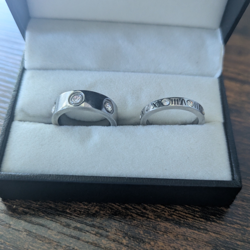 Sterling Silver Bands With Crystal CZ Accents - Set Of 2 - Size 5